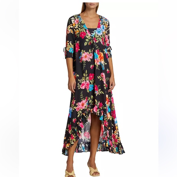 NWT Johnny Was Black Royal Long Ruffle Kimono Cover Up High Low - Picture 1 of 16